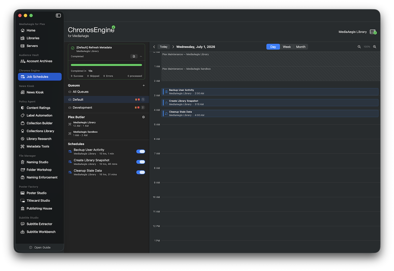 Chronos calendar view with scheduled jobs and execution history
