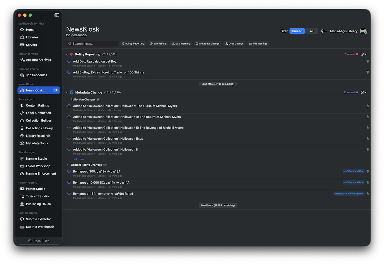 News Kiosk timeline with categorized change entries