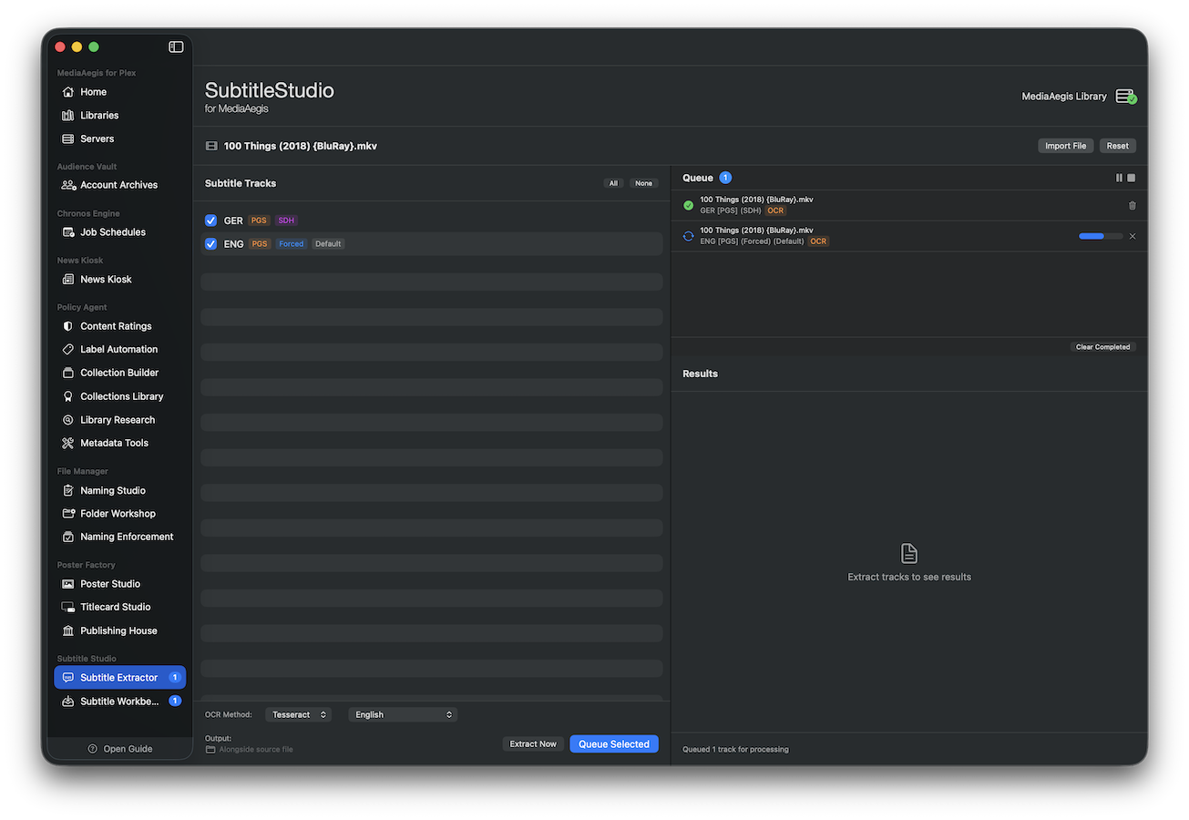 Subtitle Extraction view with detected tracks and OCR method picker