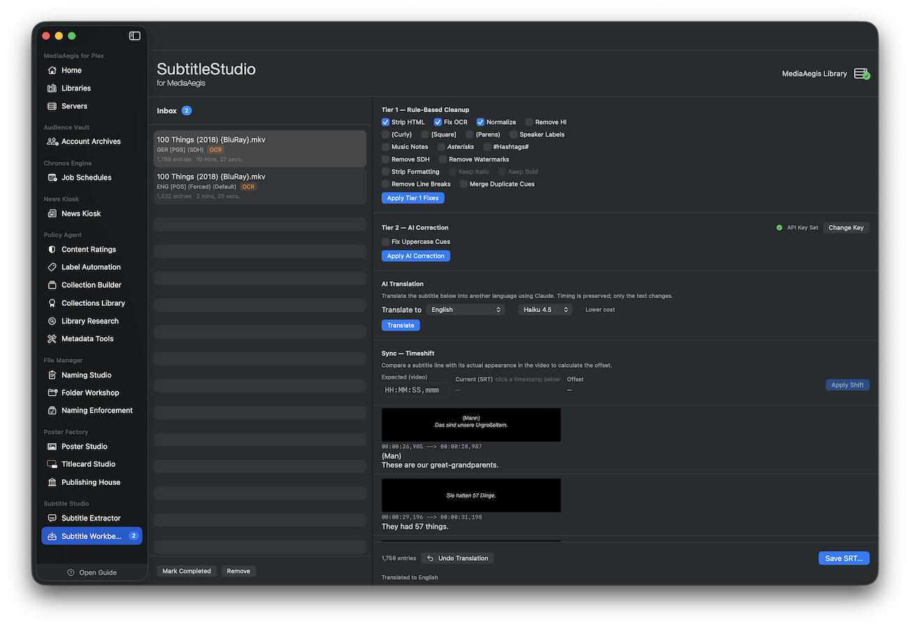Subtitle Workbench with bitmap preview, tier controls, and corrected SRT